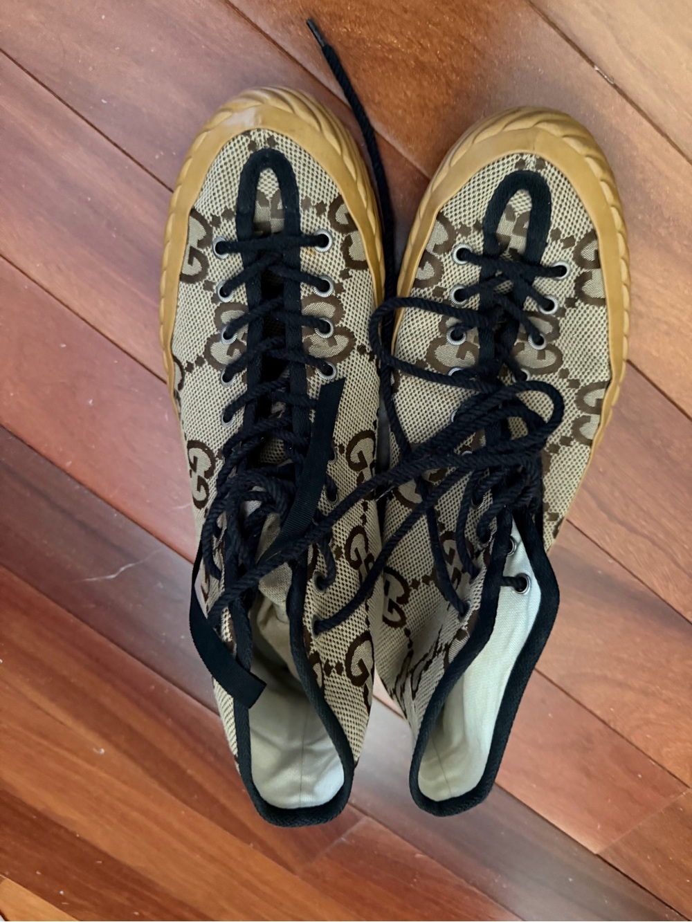 Gucci Beige/Brown GG-Pattern Rubber Sole High-Top Sneakers - Picture 2 of 4